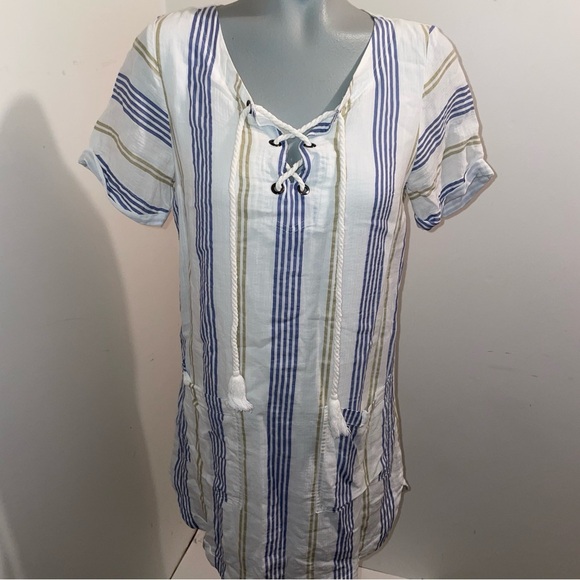 Skies Are Blue dress short sleeve  lace up White Blue Stripe cotton blend small - Picture 1 of 9